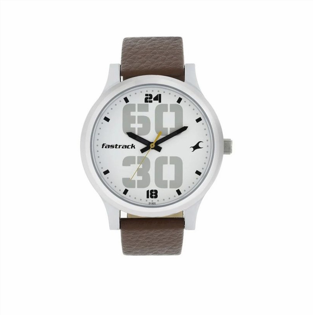 Fastrack Bold Quartz Analog White Dial Leather Strap Watch for Guys (NS38051SL06)