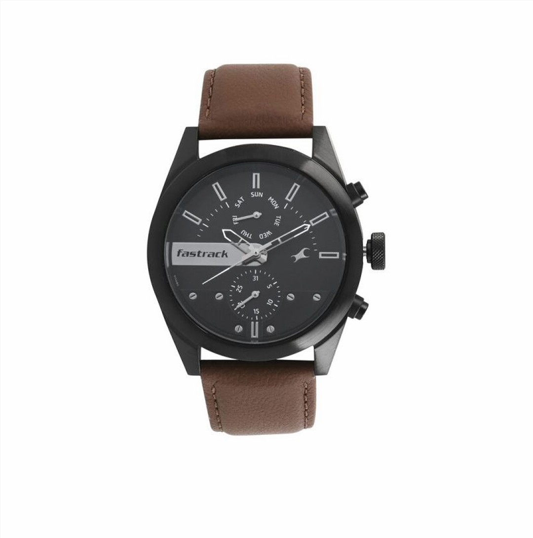 Fastrack All Nighters Quartz Multifunction Black Dial Leather Strap Watch (NS3165NL01)