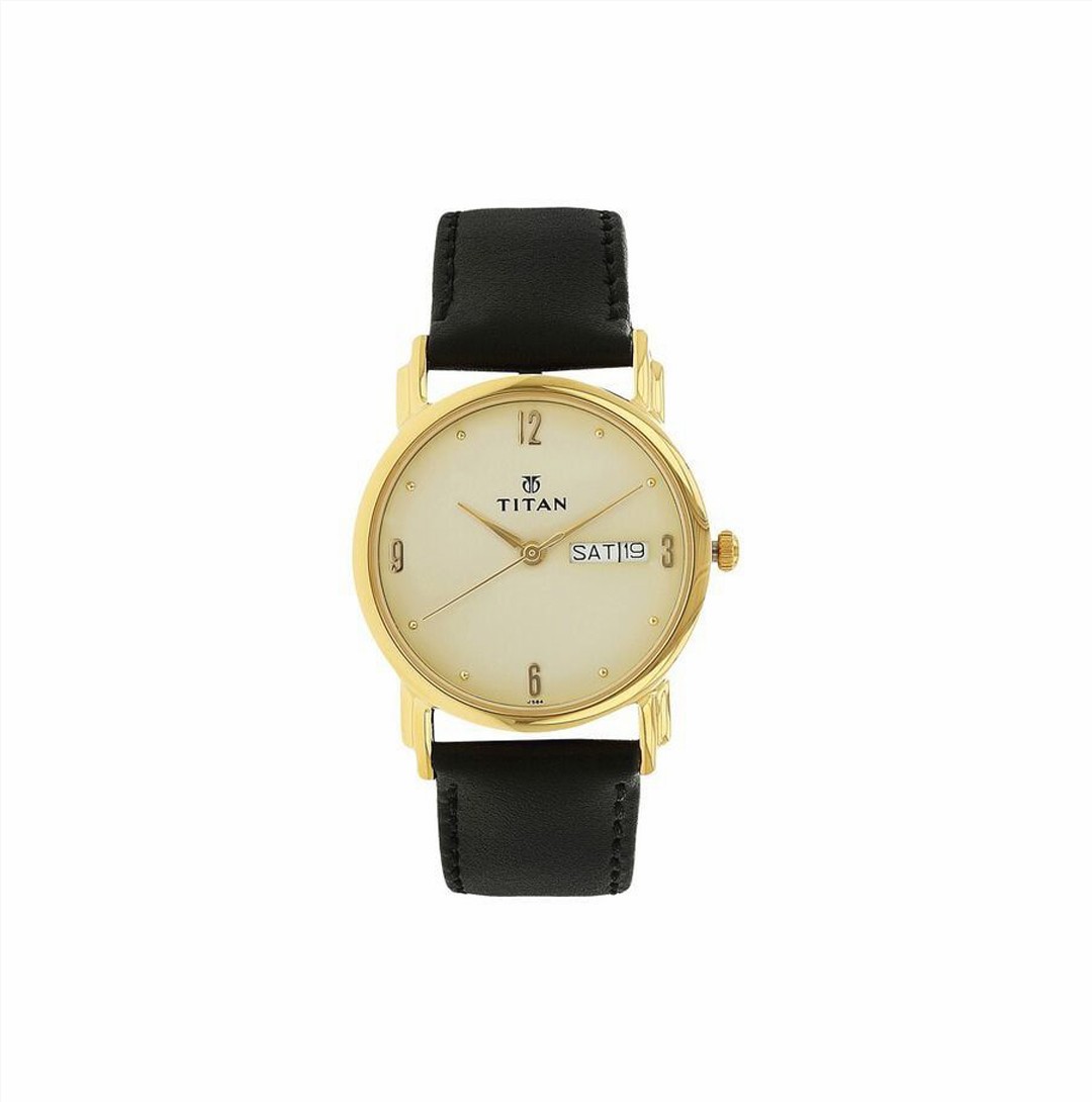 Titan Karishma Champagne Dial Analog with Day and Date Leather Strap watch for Men (NM1445YL05)