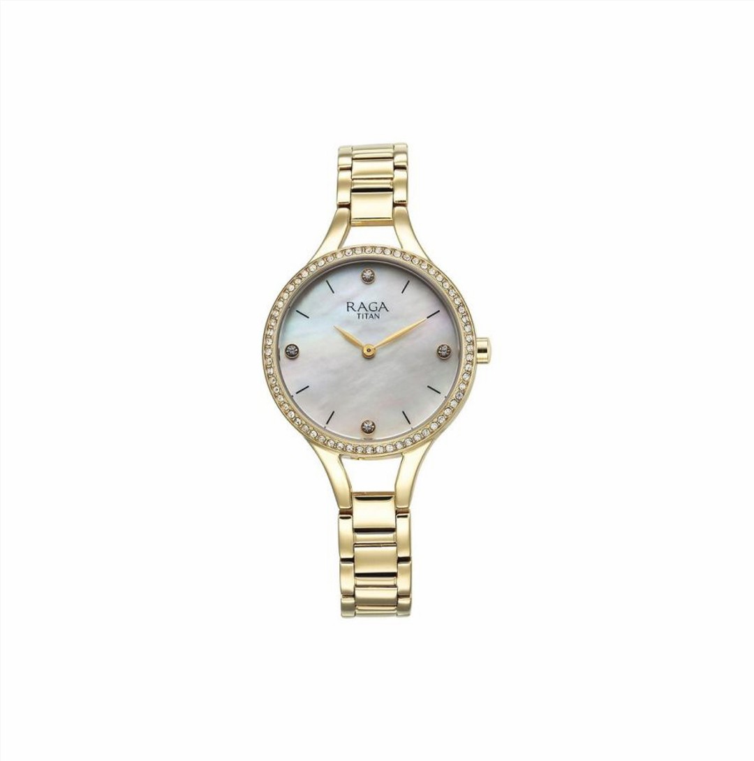 Titan Raga Showstopper Quartz Analog Mother Of Pearl Dial Metal Strap Watch for Women (95275YM01)