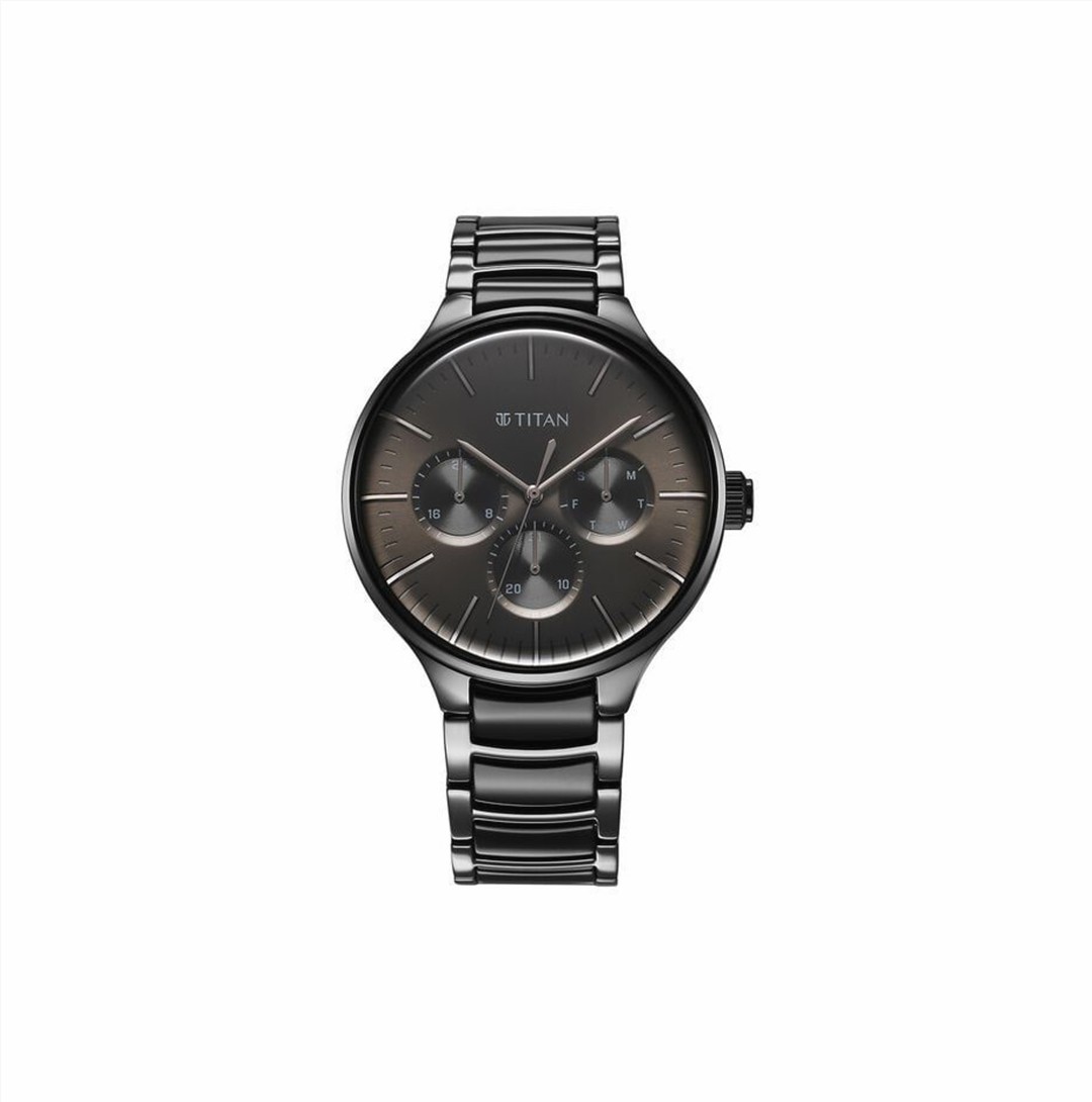 Titan Ceramic Fusion Quartz Multifunction Black Dial With Two Toned Color Stainless Steel Strap Watch For Men (90148KD06)