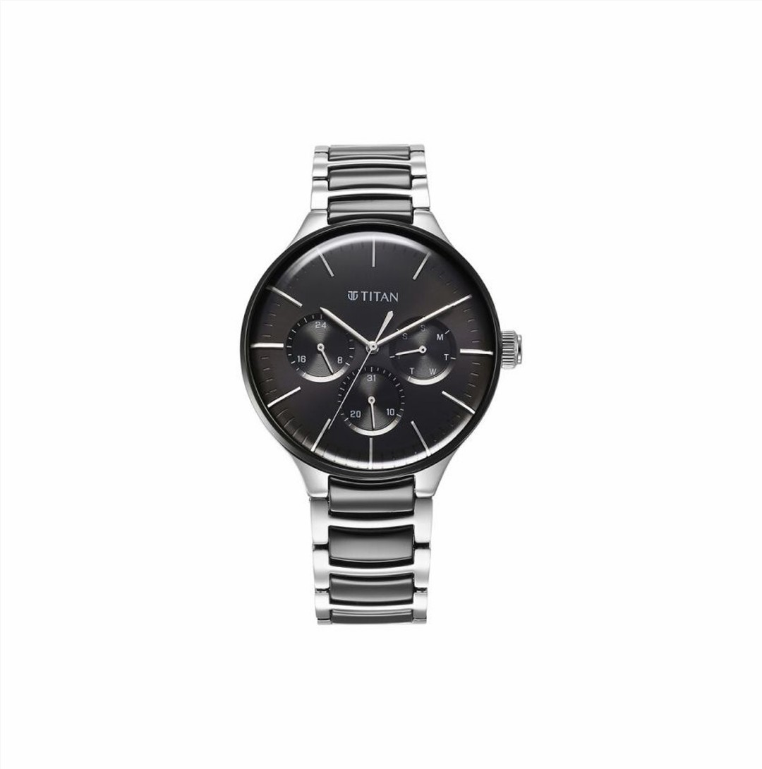 Titan Ceramic Fusion Quartz Multifunction Black Dial Silver Dual-Toned Stainless Steel Bracelet Watch for Men (NS90148KD01)