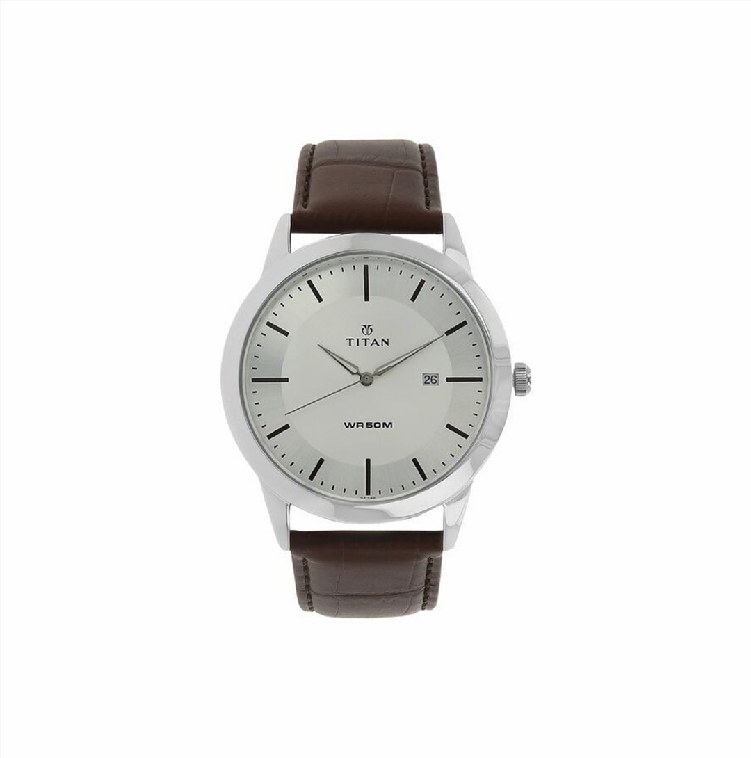 Titan Classic Silver Dial Analog with Date Leather Strap watch for Men (NS1584SL03)