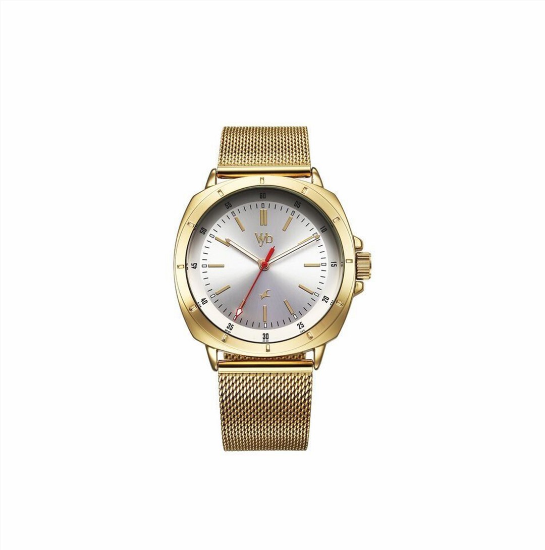 Fastrack Vyb Pioneer Quartz Analog Silver Dial Golden Metal Strap Watch For Guys (FV30014YM01W)