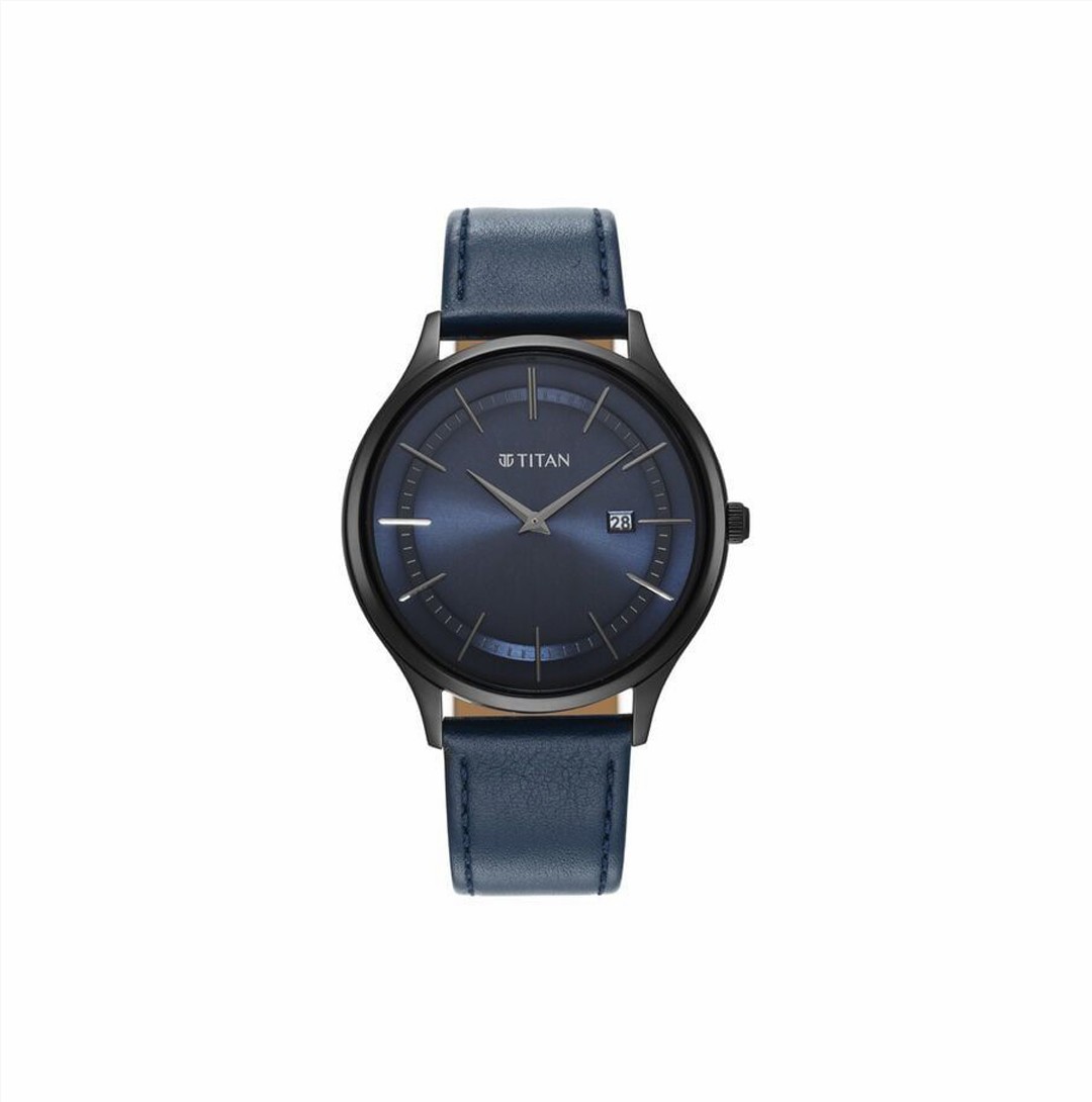 Titan Classique Slimline Blue Dial Analog with Date Leather Strap watch for Men (NS90142NL01)