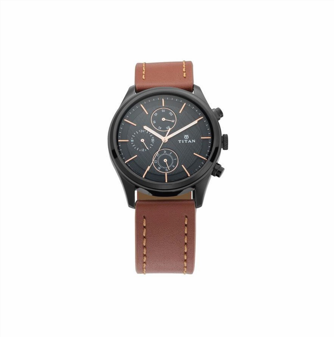 Titan Men's Metropolitan Charm: Men's Multifunctional Black Watch with Leather Strap (NS1805NL01)