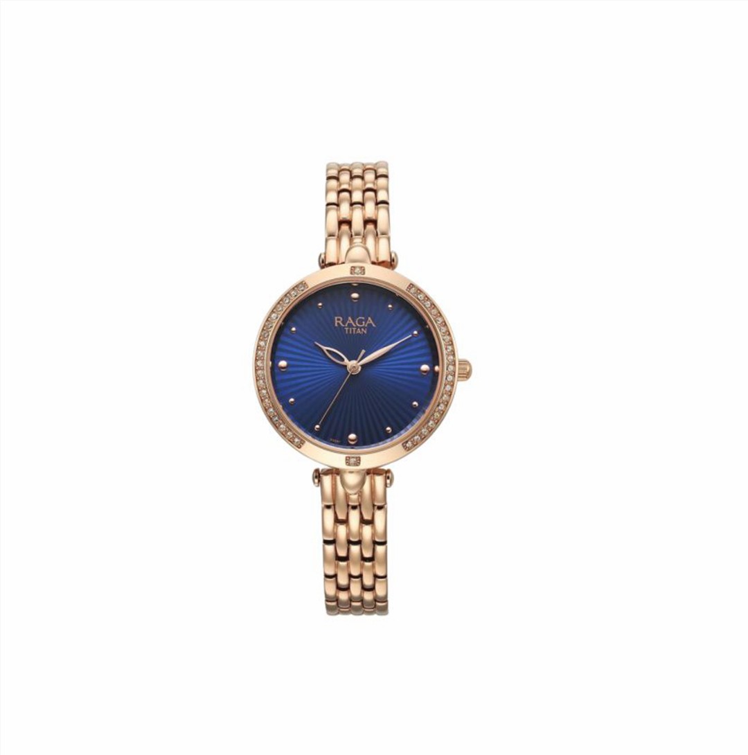 Titan Raga Showstopper Quartz Analog Blue Dial Metal Strap Watch for Women (NS95266WM01)