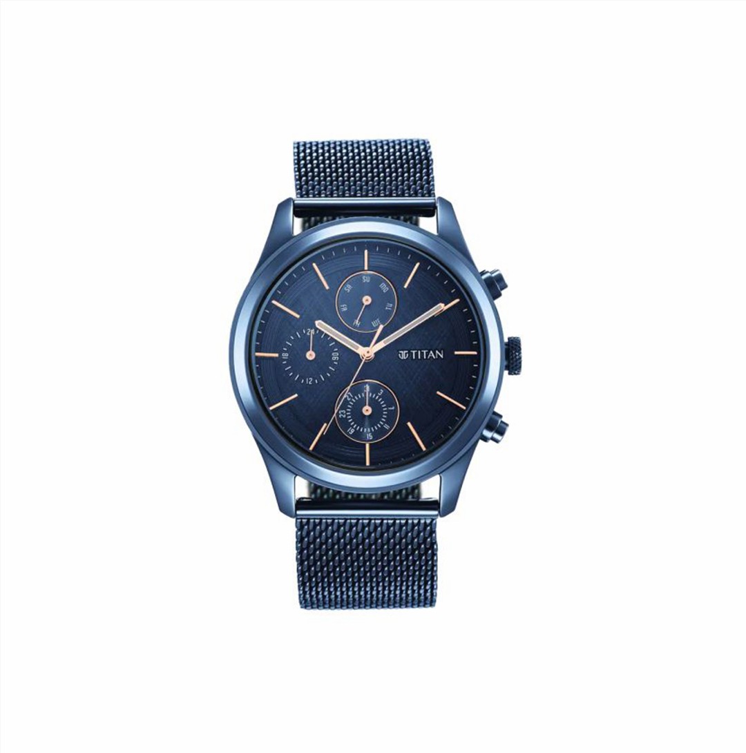 Titan Men's Sartorial Neo Splash: Blue Dial Multifunction Watch with Mesh Strap (NS1805QM02)