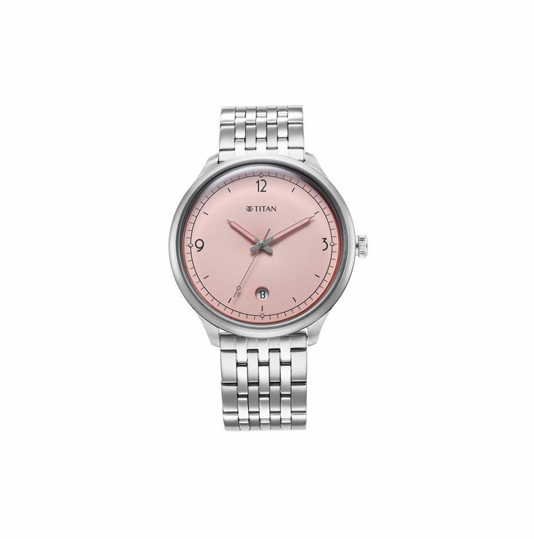 Titan Timeless Treasures Quartz Analog with Date Pink Dial With Silver Color Stainless Steel Strap Watch For Men (10023SM01)