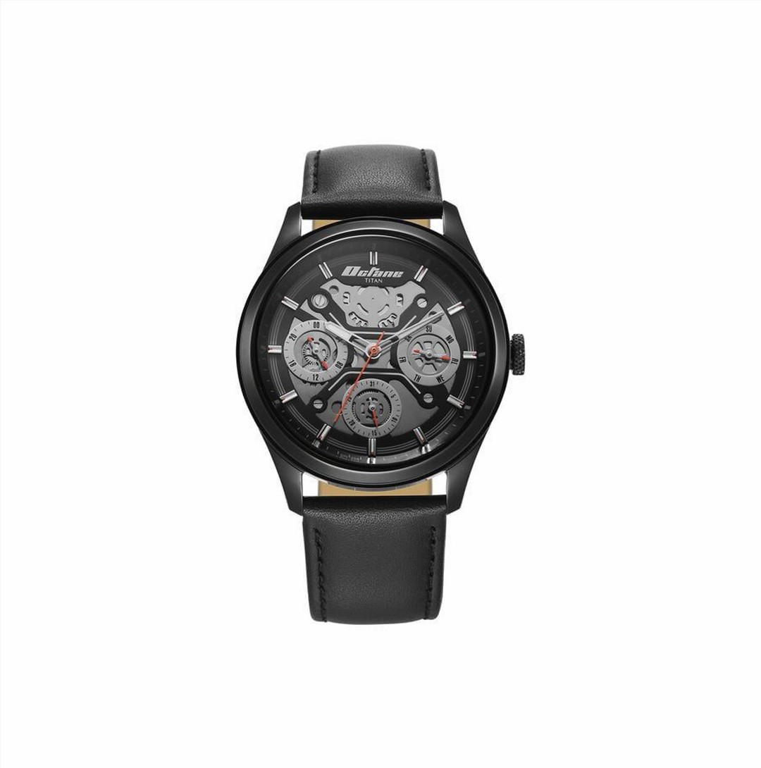 Titan Octane Quartz Multifunction Black Dial With Black Leather Strap Watch For Men (1805NL07)