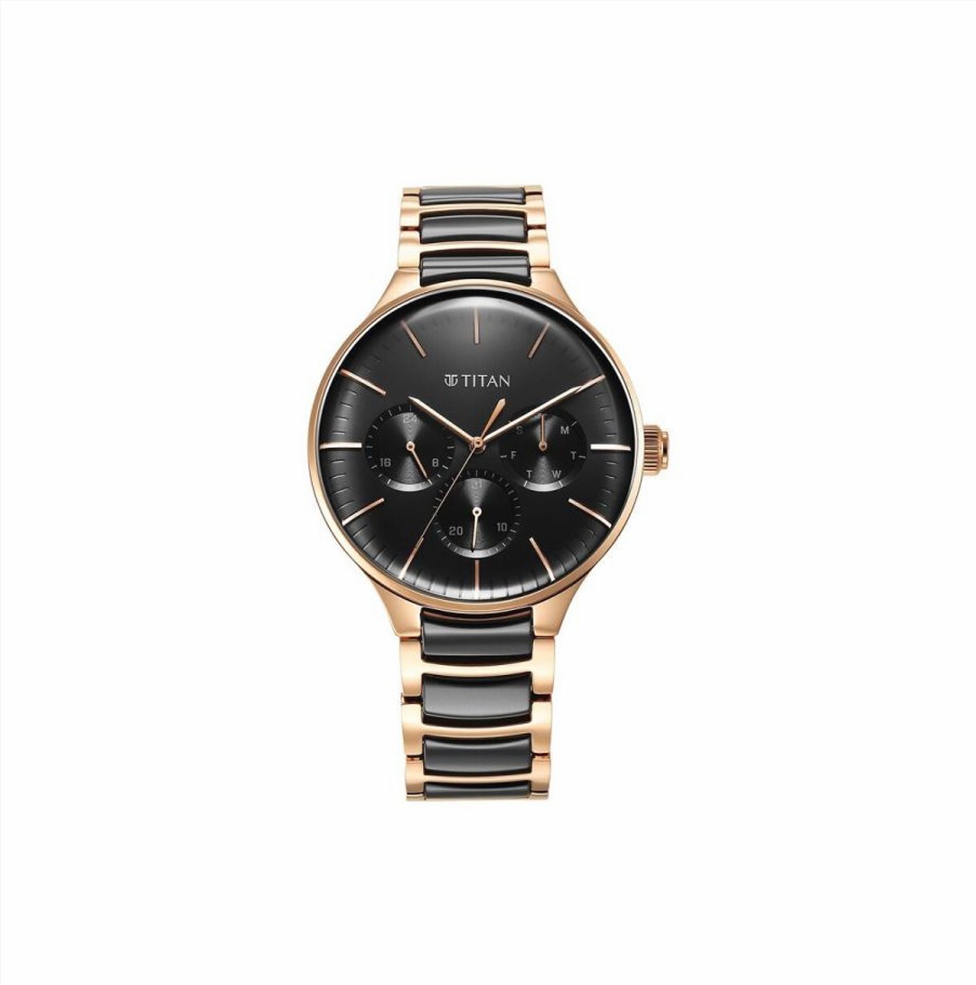 Titan Ceramic Fusion Quartz Multifunction Black Dial Rose Gold Dual-Toned Stainless Steel Bracelet Watch for Men (NS90148KD03)