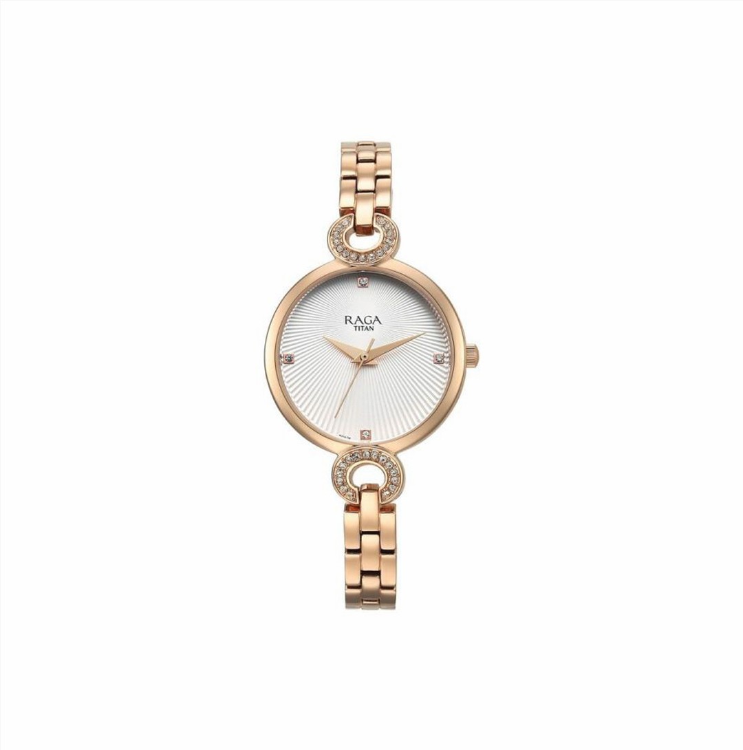 Titan Raga Showstopper Quartz Analog White Dial Metal Strap Watch for Women (95278WM01)