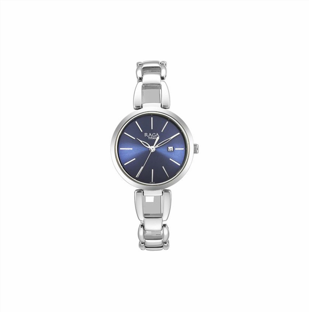 Titan Raga Viva Blue Dial Analog with Date Silver Metal Strap Watch for Women (NS2642SM02)