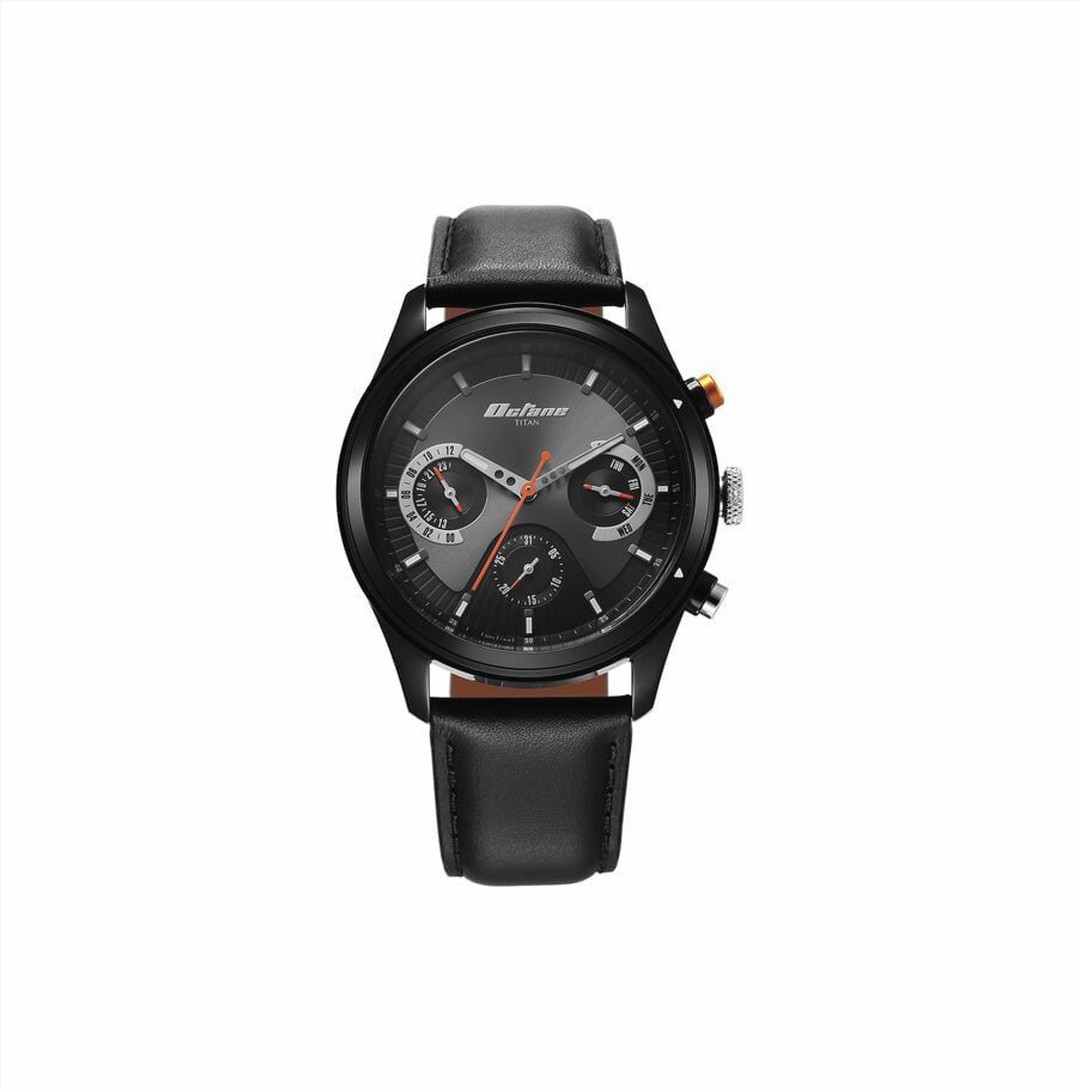 Titan Octane Quartz Multifunction Black Dial With Black Leather Strap Watch For Men (1805KL02)