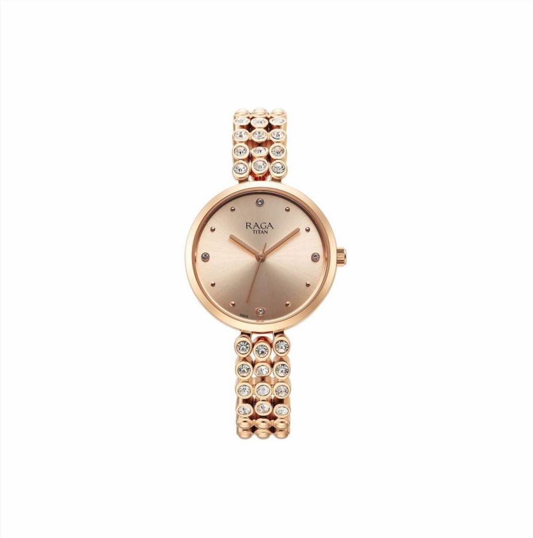 Titan Raga Showstopper Quartz Analog Rose Gold Dial Metal Strap Watch for Women (NS95262WM01)