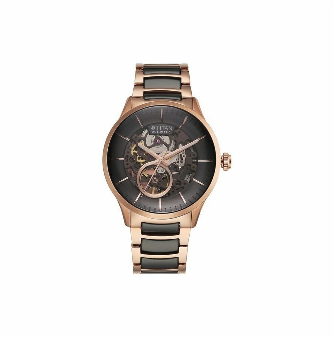 Titan Ceramic Fusion Automatic Black Dial Rose Gold Dual-Toned Stainless Steel Bracelet Watch for Men (90174KD03)