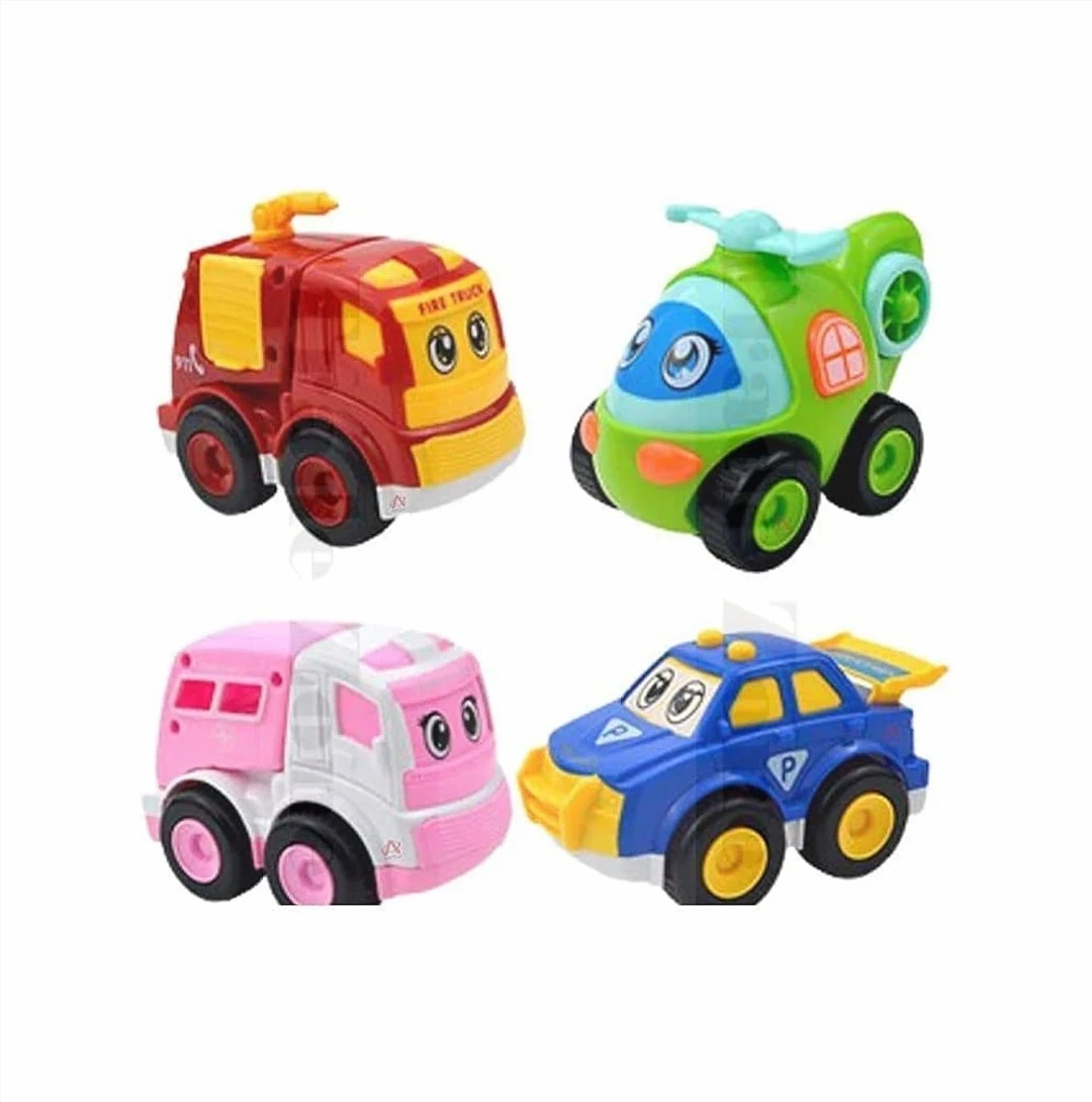 Food Grade Mini Plastic Pull and Back Car Set || 4 Pcs