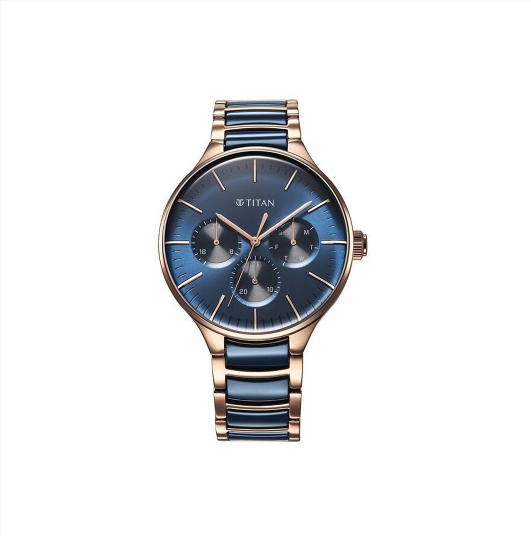 Titan Ceramic Fusion Quartz Multifunction Blue Dial With Two Toned Color Stainless Steel Strap Watch For Men (90148KD04)