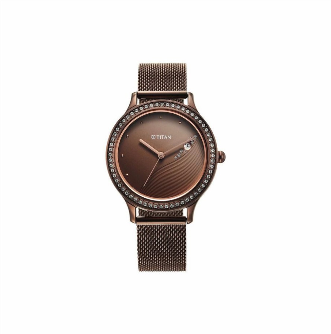 Titan Purple Glam It Up Brown Dial Analog with Date Stainless Steel Strap Watch for Women (NS2634QM01)